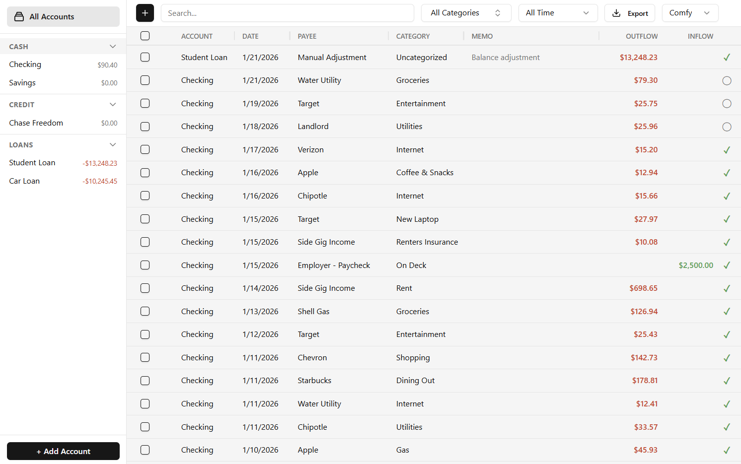 Transaction ledger showing categorized transactions with running balance